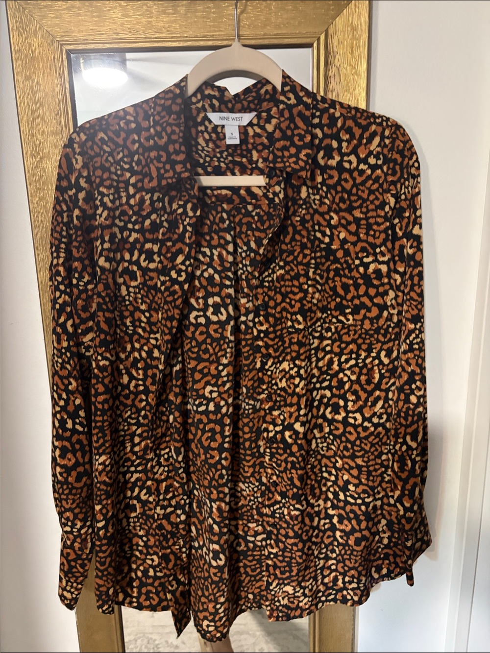 Nine West Leopard-Print Button-Up Shirt in Brown and Black S